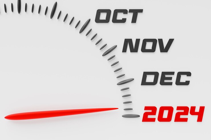 Foto ilustración 3d de un primer plano detallado del velocímetro que muestra el final de 2023 y el comienzo de 2024 contando meses hasta el nuevo año