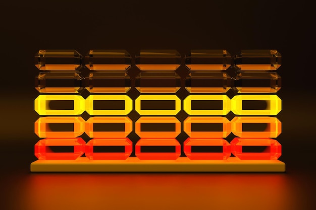 Ilustración 3D de primer plano de indicadores multicolores de valor rojo a naranja sobre un fondo oscuro
