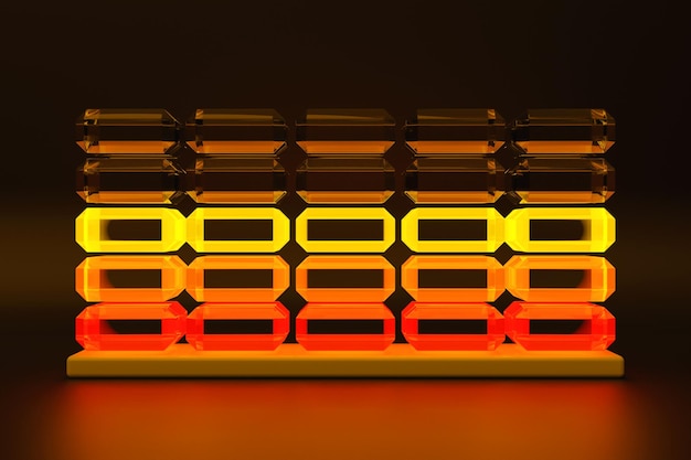 Ilustración 3D de primer plano de indicadores multicolores de valor rojo a naranja sobre un fondo oscuro