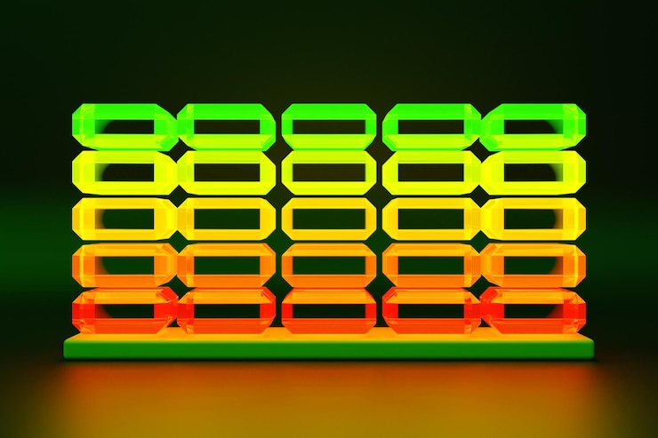 Foto ilustración 3d de primer plano de indicadores multicolores de valor rojo a verde sobre un fondo oscuro