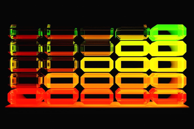 Foto ilustración 3d de primer plano de indicadores multicolores de valor rojo a verde sobre un fondo oscuro