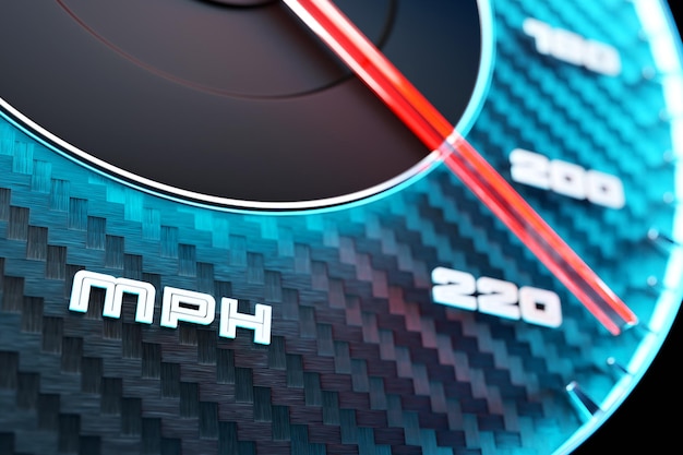 Ilustración 3D primer plano panel de coche negro velocímetro digital brillante en estilo deportivo bajo luz de neón blanca La aguja del velocímetro muestra una velocidad máxima de 220 km h
