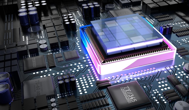 Ilustración 3D del procesador y la placa base de la computadora