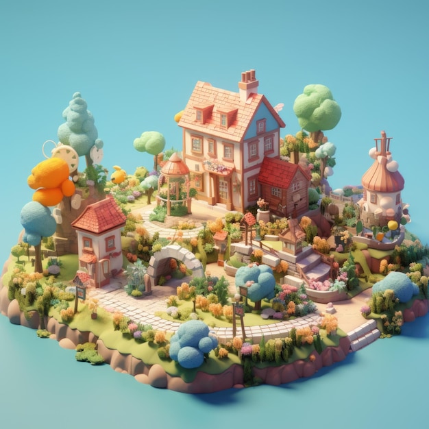 Ilustración 3d del pueblo de hadas caprichoso