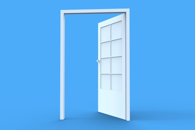 Ilustración 3D de la puerta abierta sobre fondo azul.