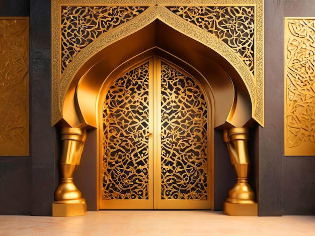 Foto ilustración 3d puerta de entrada ornamento islámico textura de oro para el fondo ramadán alta resolución