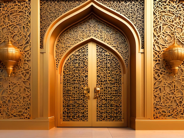 Ilustración 3D puerta de entrada ornamento islámico textura de oro para el fondo ramadán alta resolución