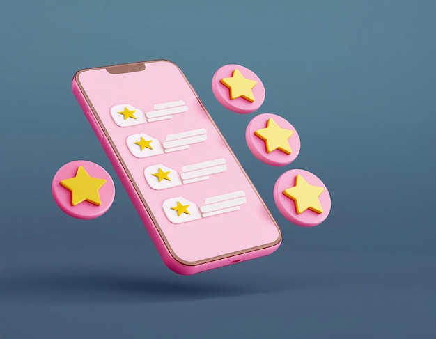 Ilustración 3D que muestra compras en línea usando un teléfono móvil con una calificación de cinco