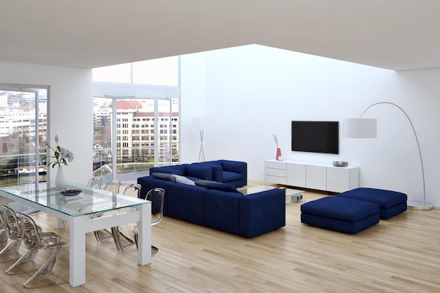 Ilustración 3D que representa grandes interiores modernos y luminosos de lujo Computadora de maqueta de sala de estar digitalmente