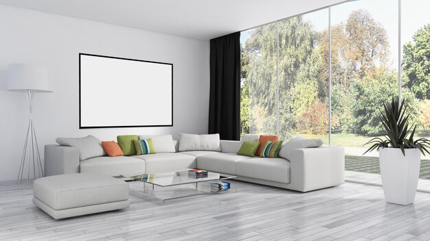 Ilustración 3D que representa grandes interiores modernos y luminosos de lujo Computadora de maqueta de sala de estar digitalmente