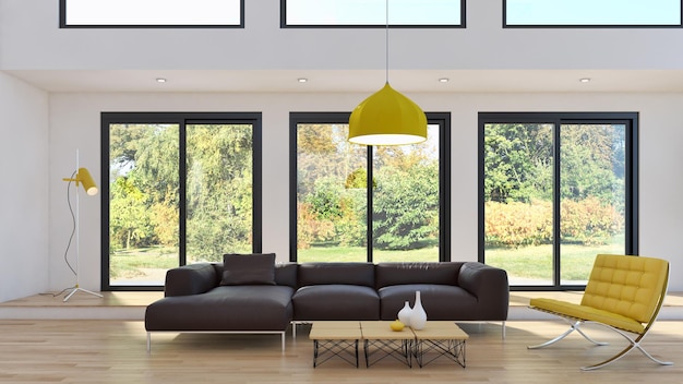 Ilustración 3D que representa grandes interiores modernos y luminosos de lujo Computadora de maqueta de sala de estar digitalmente