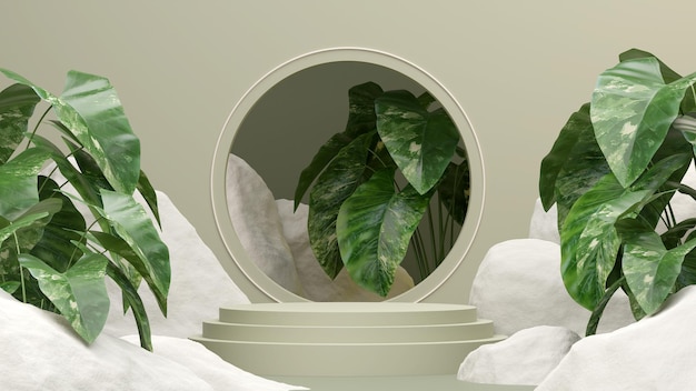Ilustración 3D que representa la imagen de la naturaleza verde del podio de la maqueta del espacio vacío con el tema de la exhibición del producto