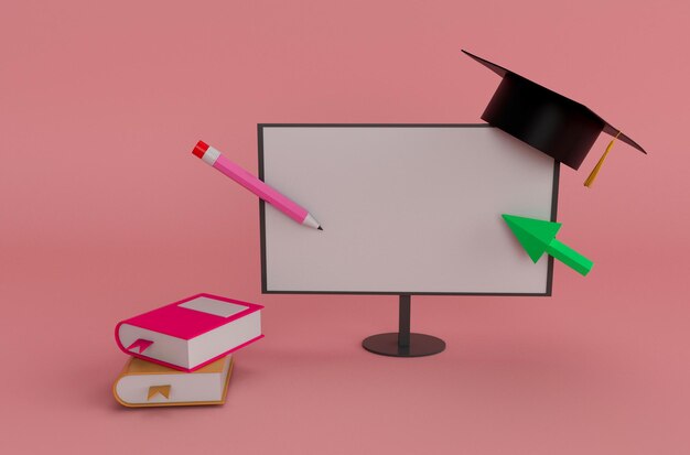 Ilustración 3d que representa el límite mínimo de graduación en línea del monitor de computadora con un libro sobre antecedentes romanos