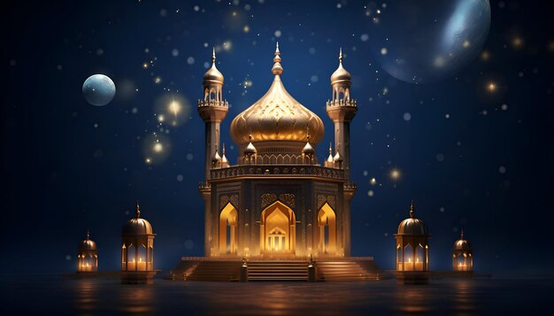 Ilustración 3D del Ramadán Kareem Fondo con mezquita y luna