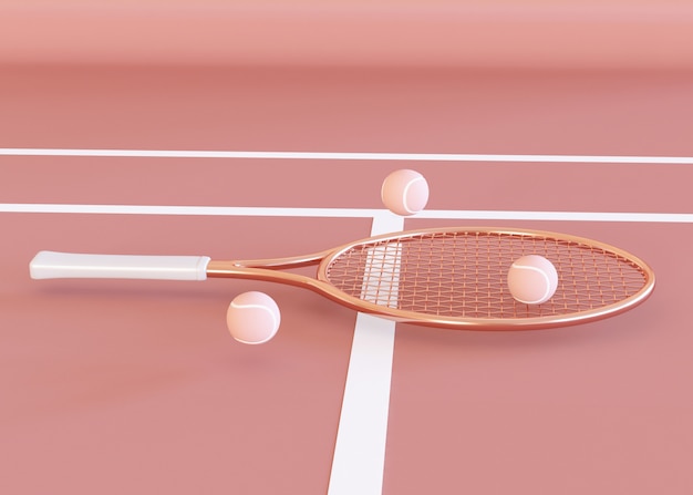 Ilustración 3D. Raqueta de tenis y pelotas.