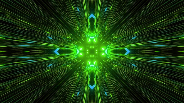 Ilustración 3D de rayos de neón brillantes que brillan intensamente en el túnel oscuro con patrón abstracto