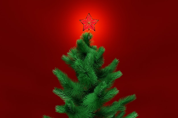 Ilustración 3D Árbol de Navidad real con estrella. Maqueta para tarjeta de felicitación con texto.