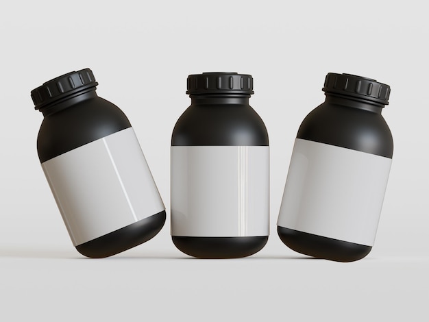Ilustración 3D realista de una botella con etiqueta en blanco sobre un fondo gris