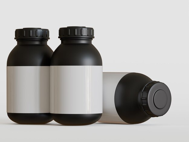 Ilustración 3D realista de una botella con etiqueta en blanco sobre un fondo gris