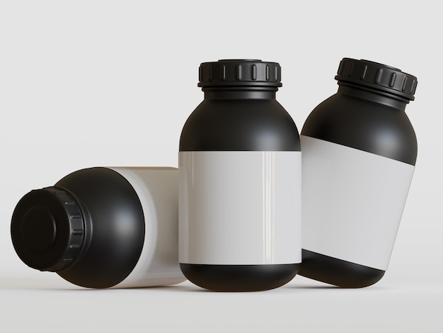 Ilustración 3D realista de una botella con etiqueta en blanco sobre un fondo gris