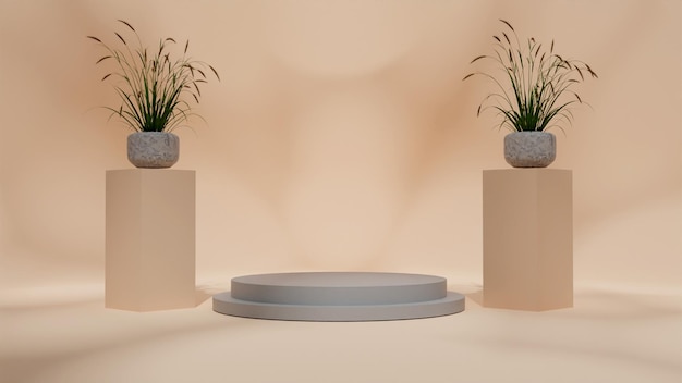 Ilustración 3d realista con exhibición de productos de podio colorido de plantas decorativas