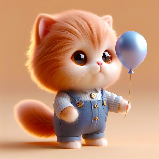 Ilustración 3D realista de un lindo gato de dibujos animados con un globo