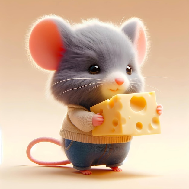 Ilustración 3D realista de un lindo ratón de dibujos animados con queso