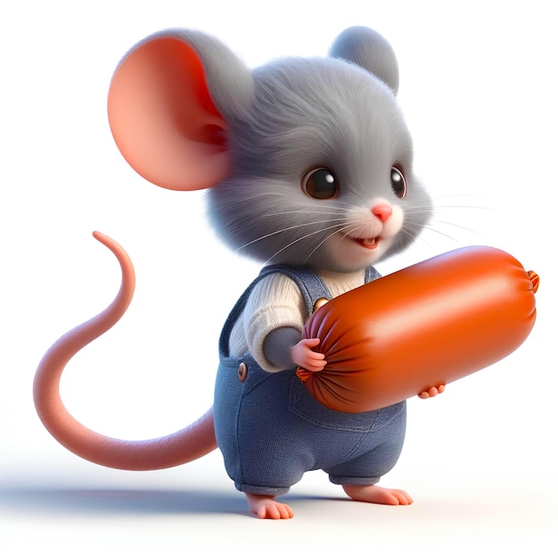 Ilustración 3D realista de un lindo ratón de dibujos animados con salchicha
