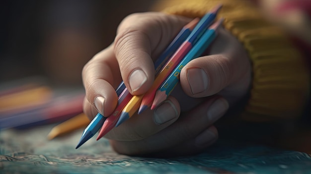 Foto ilustración 3d realista de la mano que sostiene el lápiz realista