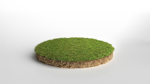 Ilustración 3D realista de la sección transversal del suelo redondo con tierra y hierba verde