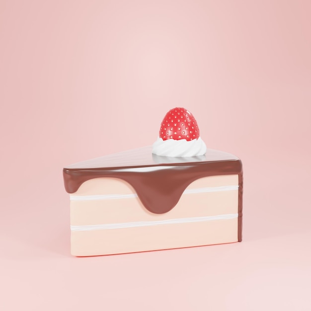 Ilustración en 3D de una rebanada de pastel esmaltado con chocolate con una fresa en la parte superior sobre fondo rosa