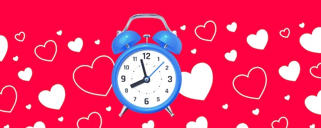 Foto ilustración 3d de reloj despertador retro azul con patrón de corazón