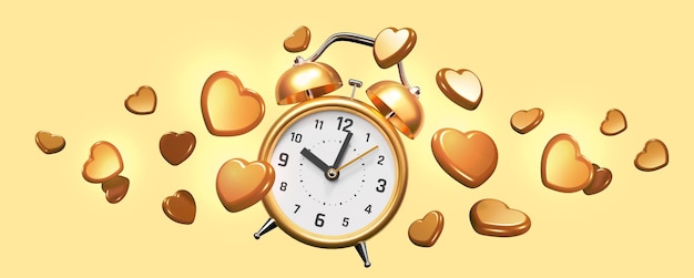 Ilustración 3d de reloj despertador retro dorado con flecha y corazón dorado sobre fondo de color Tiempo para amar