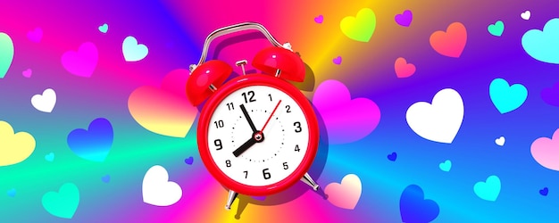 Ilustración 3d de reloj despertador retro rojo con patrón de corazón colorido sobre fondo de color arco iris de neón