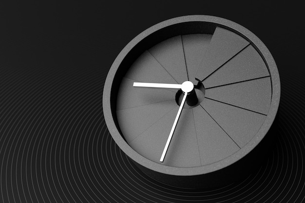 Ilustración 3d de un reloj monocromo negro redondo sin números sobre un fondo aislado geométrico. Concepto de tiempo