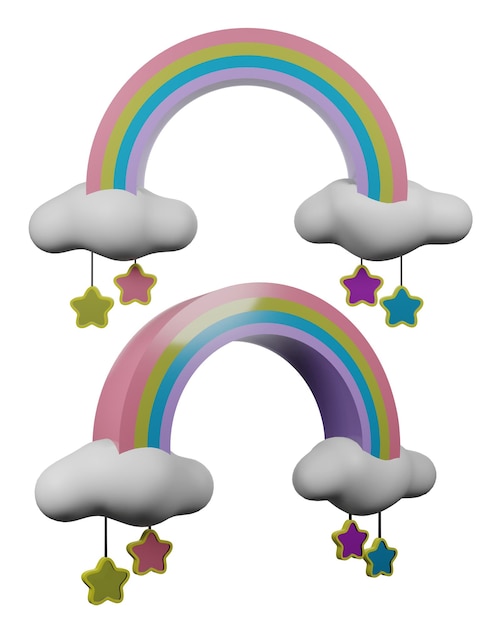 Ilustración 3D Render arco iris en nubes juguete multicolor sobre fondo blanco.