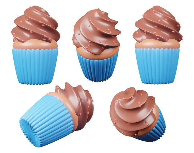 Ilustración 3D render cupcake de chocolate marrón de juguete en canasta azul sobre fondo blanco