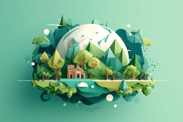 Ilustración 3D render Low Poly Art Desarrollo Sostenible y Medio AmbientexA