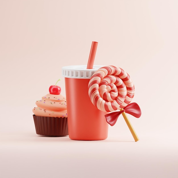 Ilustración 3D Render de postre comida rápida color dulce pastel