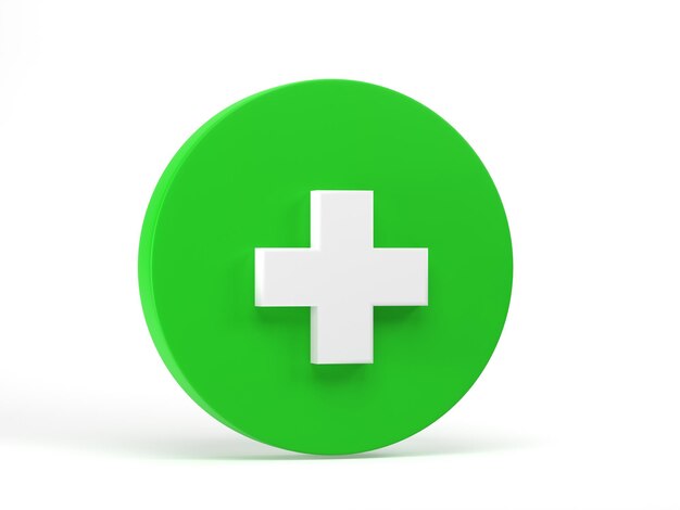 Foto ilustración 3d de renderización 3d icono de cruz verde aislado en fondo blanco botón redondo de cruz médica