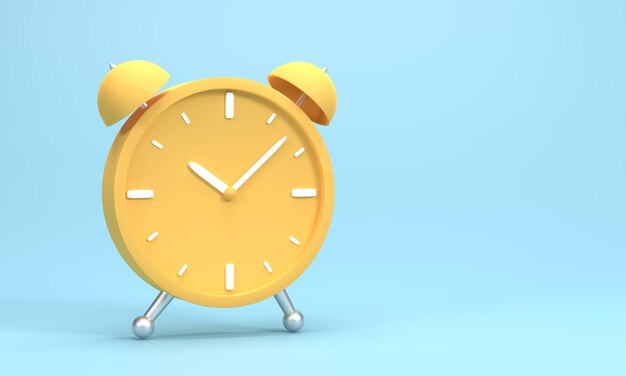 Ilustración 3D de renderización 3D icono de reloj amarillo de círculo vintage reloj de alarma de campana gemela simple en respaldo azul