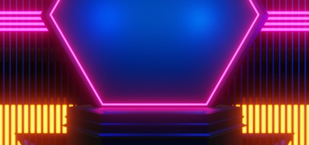 Ilustración en 3D renderización de juegos jugador fondo papel tapiz abstracto estilo cyberpunk metaverso juego de ciencia ficción brillo de neón de la escena de la sala de pedestal