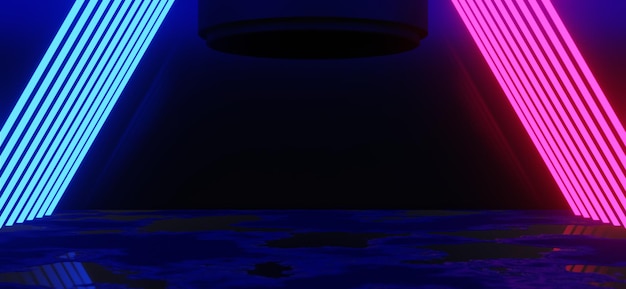 Ilustración en 3D renderización de juegos jugador fondo papel tapiz abstracto estilo cyberpunk metaverso juego de ciencia ficción brillo de neón de la escena de la sala de pedestal