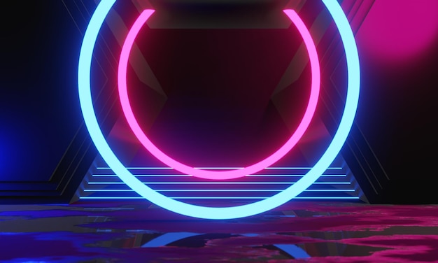 Ilustración en 3D renderización de juegos jugador fondo papel tapiz abstracto estilo cyberpunk metaverso juego de ciencia ficción brillo de neón de la escena de la sala de pedestal