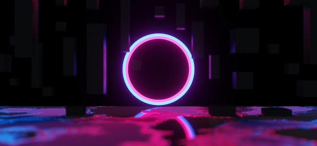 Ilustración en 3D renderización de juegos jugador fondo papel tapiz abstracto estilo cyberpunk metaverso juego de ciencia ficción brillo de neón de la escena de la sala de pedestal
