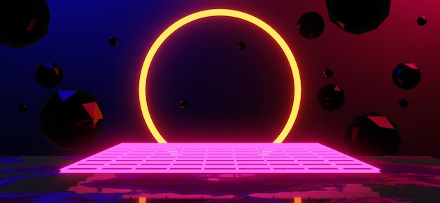 Ilustración en 3D renderización de juegos jugador fondo papel tapiz abstracto estilo cyberpunk metaverso juego de ciencia ficción brillo de neón de la escena de la sala de pedestal