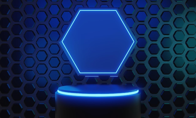 Ilustración en 3D renderización de juegos jugador fondo papel tapiz abstracto estilo cyberpunk metaverso juego de ciencia ficción brillo de neón de la escena de la sala de pedestal