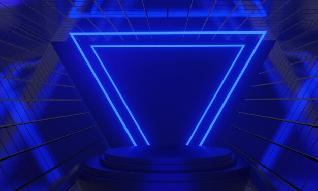 Ilustración en 3D renderización de juegos jugador fondo papel tapiz abstracto estilo cyberpunk metaverso juego de ciencia ficción brillo de neón de la escena de la sala de pedestal