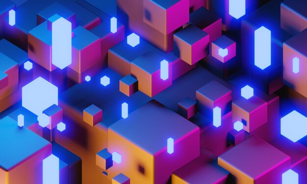 Ilustración en 3D renderización de juegos jugador fondo papel tapiz abstracto estilo cyberpunk metaverso juego de ciencia ficción brillo de neón de la escena de la sala de pedestal