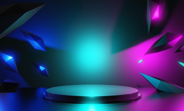 Ilustración en 3D renderización de juegos jugador fondo papel tapiz abstracto estilo cyberpunk metaverso juego de ciencia ficción brillo de neón de la escena de la sala de pedestal